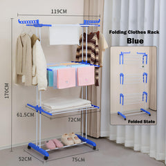 STANSY 3-Tier Heavy Duty Cloth Drying Stand with Wheels, Foldable Laundry Dryer Rack, Stainless Steel Drying Stand for Home, Balcony, Indoor Use, Blue