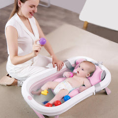 SYGA Baby Bath Tub, Foldable Bathtub with Support Cushion, Rinser Shampoo Rinse Cup, Drain Plug, Stable Anti-Slip Collapsible Easy to Store Infant Shower Basin for Toddlers Newborns Bathing(Baby Pink)