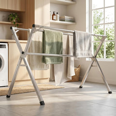 STANSY Extendable Double Rod Clothes Drying Stand, Foldable Galvanized Steel, Adjustable Length 130-200 cm, Heavy Duty Laundry Rack for Indoor and Outdoor Use