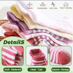 MOMISY Baby Girl Boys children Non Slip Socks Toddlers Infant Warm Cotton Stretch Crew Anti skid silicone dots striped -6 Pairs