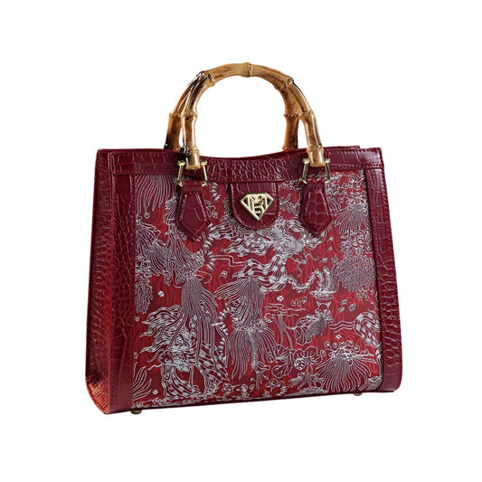 SYGA Women Elegant Embroidered Bamboo-Style Tote – PU Vertical Square Handbag