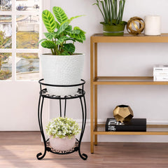 STANSY 2 Tier Metal Plant Stand, Round Indoor Flower Pot Holder, Multi-Purpose Bathroom Storage Shelf, Heavy Duty Decorative Corner Table for Living Room, Balcony, (Black)