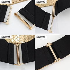 SYGA Decorative Belt For Women, Metal Elastic Waistband, Fashionable Fish Scale Pattern Elastic Wide Belt, Versatile For Dresses And Dresses(Gold)