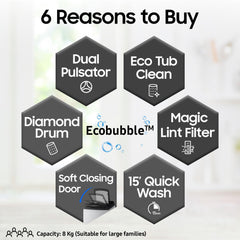 Samsung 8 kg, 5 star, Eco Bubble Tech, Digital Inverter Motor, Soft Closing Door, Fully-Automatic Top Load Washing Machine (WA80BG4441BGTL, Light Gray)