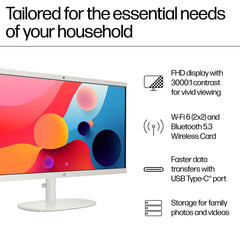 HP All-in-One Desktop Intel® Core™ i3-N300,21.5 inch(54.5cm),FHD,Anti-Glare,8 GB DDR5, 512GB SSD,White Wireless Keyboard and Mouse Combo,White, Windows 11, 4.17kg,22-dg0786in