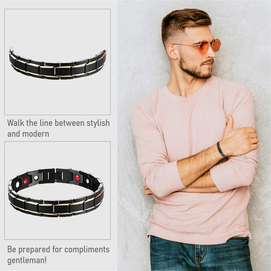 SYGA Men's Bracelet Magentic Titanium Double Strength Magents Two Tone Adjustable Wristband Bracelets Ideal Gift for Men Father Husband Brother Son- Black Gold