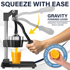 Eurolux Cast Iron Citrus Juicer | Commercial Grade Manual Hand Press | Countertop Squeezer for Fresh Fruit Juice (Bonus Stainless Steel Cup) (Black)