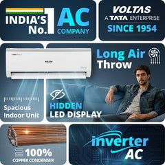 Voltas 243V Vectra Elite 2 ton 3 star inverter Split AC|4-IN-1 Adjustable mode|Energy Efficient|High ambient Cooling-cools even at 52°C|Anti dust filter with Anti-microbial coating|Copper Coil| White