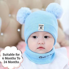 SYGA Woolen Baby Cap Knit Hat Scarf Unisex Winter Pom Pom Cap Neck Warme 6 Month to 24 Month Baby - Beige