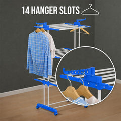 STANSY 3-Tier Heavy Duty Cloth Drying Stand with Wheels, Foldable Laundry Dryer Rack, Stainless Steel Drying Stand for Home, Balcony, Indoor Use, Blue