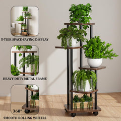 STANSY 5 Tier Plant Stand with Wheels | Multi-Layer Metal Flower Shelf for Indoor & Outdoor Use | Heavy-Duty Wooden Laminate Display Stand for Home, Balcony, Living Room(Mocha Brown + Black 112cm)