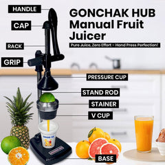 GONCHAK HUB Aluminium Hand Press Citrus Fruit Juicer, Manual Handpress and Cold Press Juicer and Squeezer for Fruits and Vegetables - Big (Made in India) (Black)