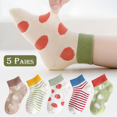 MOMISY Kids Cotton Socks Colorful Polka Dot & Striped Patterns, Soft Breathable Ankle Socks for Boys & Girls 5 Pair (Multicolor)