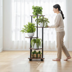 STANSY 5 Tier Plant Stand with Wheels | Multi-Layer Metal Flower Shelf for Indoor & Outdoor Use | Heavy-Duty Wooden Laminate Display Stand for Home, Balcony, Living Room(Mocha Brown + Black 112cm)