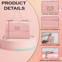 MOMISY Shoulder Sling Bag with Long Chain Strap for Women Crocodile Pattern Turn lock Closure Handbags Multipurpose Crossbody Bag Purse Ladies Bag (Pink, 1)