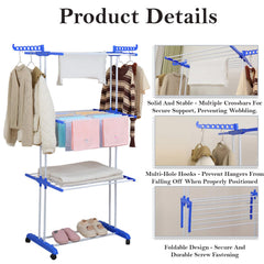 STANSY 3-Tier Heavy Duty Cloth Drying Stand with Wheels, Foldable Laundry Dryer Rack, Stainless Steel Drying Stand for Home, Balcony, Indoor Use, Blue