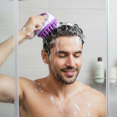 MOMISY Scalp Massager Shampoo Brush, Eco-Friendly Wheat Straw Body With Soft Silicon Bristles, Hair Scalp Scrubber, Scalp Exfoliator | Dandruff Removal (Purple)