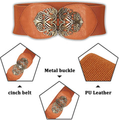 SYGA Women Cinch Belt, PU Leather Stretchy Waist Belt with Floral Metal Buckle, Retro Style - Beige(Fits Waist Size 25-35)