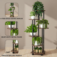 STANSY 6 Tier Plant Stand with Wheels | Tall Multi-Layer Indoor Plant Rack for Multiple Pots | Corner Flower Stand for Home, Balcony, Living Room, Patio (Mocha Brown + Black, 138cm)