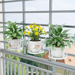 STANSY Iron Balcony Railing Plant Holder, Round Hanging Flower Pot Stand, Heavy Duty Metal Planter Basket for Outdoor Garden Decor, White