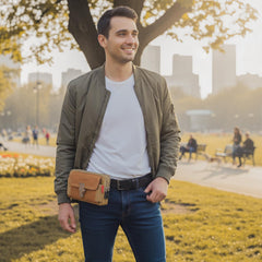 MOMISY Nylon Travel Utility Pouch for Men's – Solid Color Outdoor Phone Bag with Buckle & Dual Zipper Compartments (Khaki)