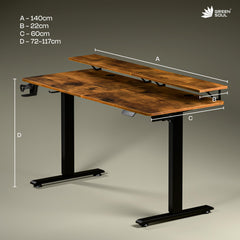Green Soul Elevate Height Adjustable Engineered Wood Table with Monitor Riser | Integrated Organisation | Advance Memory Preset | 3 Year Warranty | Installation Provided (AntiqueWood, 1400 x 600 Top)