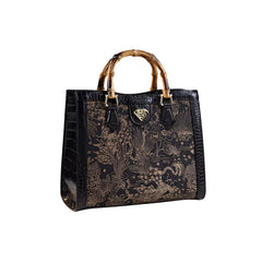 SYGA Women Elegant Embroidered Bamboo-Style Tote – PU Vertical Square Handbag