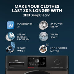 IFB 8 Kg 5 Star, DeepClean® Technology, AI Powered, WiFi, Fully Automatic Front Load Washing Machine (SENATOR MBN 8012 CMS, PowerSteam®, 9 Swirl, Steam Refresh, Inbuilt Heater, Eco Inverter, Mocha)