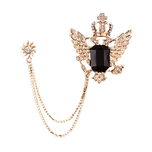 SYGA Luxury Crown Style Brooch for Men's & Women Suit Shirt Stud Brooch Lapel Pin Brooch Pin Chain Tassel Brooch Pin with Crystal Chain(Golden Crown Eagle Black Gemstone)