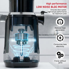 DOMESTICA Dripdrop Cold Press Juicer for Home with 108mm Wide Feed Chute | Slow Juicer Machine for Fruit, Veggie & Nut Milks | Smart Reversal Technology & Triple Strainers For High Nutrition