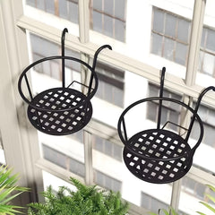 STANSY Iron Balcony Railing Plant Holder, Round Hanging Flower Pot Stand, Heavy Duty Metal Planter Basket for Balcony, Garden & Outdoor Decor, BlacK