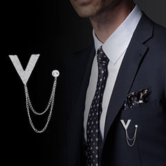 SYGA Men's & Women Suit Shirt Stud Lapel Pin Chain Tassel Brooch Pin with Crystal Chain(Big V silver)