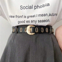 SYGA Women's Gold Oval Eyelet Belt Round Button Jeans Belt(Black)