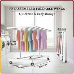 STANSY Stainless Steel Foldable Clothes Drying Rack with Wheels, Heavy-Duty Laundry Stand for Home & Balcony, Space-Saving Design, Indoor Outdoor Cloth Dryer
