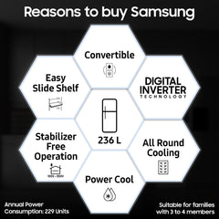 Samsung 236 L, 3 Star, Convertible, Digital Inverter with Display Frost Free Double Door Refrigerator (RT28C3733S8/HL, Silver, Elegant Inox)
