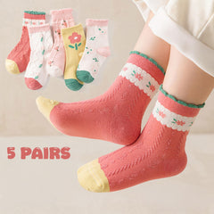 MOMISY 5 Pairs Baby kids Girl Boys Toddlers InfantmCotton Stretch Baby Socks (IN, Age, 3 Years, 5 Years, Pink Flower)