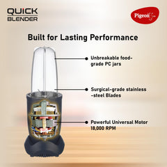Pigeon By Stovekraft Quick Blend | Grinder Juicer Blender Smoothie Maker All-in-1 Machine | 400 Watt | 3 Jars 500ml,Dry Grind 300ml,1 Sipper, 1 Strainer lid, 2 Cap |2 Blades|1 Year Warranty