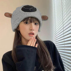 SYGA Women hat Beanie Winter Knit Wool Windproof Cute Lamb Animal with Ear Design hat for Autumn Winter (Above 15 Year) Light Khaki