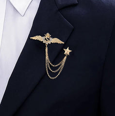 SYGA Men's & Women Suit Shirt Stud Lapel Pin Chain Tassel Brooch Pin with Golden Wings Pentagram Crystal Chain