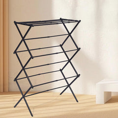 STANSY Foldable Cloth Drying Stand, Multi-Tier Metal Clothes Airer, Space-Saving Freestanding Laundry Rack for Home, Balcony, Laundry Room, Black