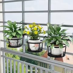 STANSY Iron Balcony Railing Plant Holder, Round Hanging Flower Pot Stand, Heavy Duty Metal Planter Basket for Balcony, Garden & Outdoor Decor, BlacK