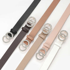 SYGA PU Leather Belt Rhinestone Waist Round Buckle Belt - Beige
