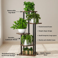 STANSY 5 Tier Plant Stand with Wheels | Multi-Layer Metal Flower Shelf for Indoor & Outdoor Use | Heavy-Duty Wooden Laminate Display Stand for Home, Balcony, Living Room(Mocha Brown + Black,106cm)