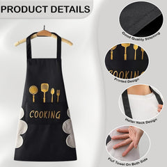 MOMISY Waterproof Kitchen Apron, Cooking Apron with Pockets, Side Towel for Hand Wiping, Suitable for Men and Women (Black)