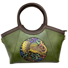 SYGA Women Artisan Embossed Elephant Handbag – Horizontal Square Vintage Tote for Daily Match