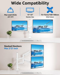 Dual Monitor Stand Height up to 26.6 inch, Monitor Desk Mount Holds up to 32 inch & 22 lbs Each, Gas Spring Dual Monitors Arm with C-clamp & Grommet Mounting, Freelift White