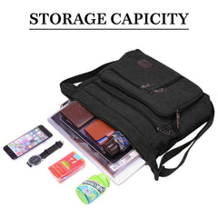 MOMISY Canvas Sling Cross Body Bag Travel Side Bag Office Messenger Bag Business Bag Multi Pocket Shoulder Bag Money Bag for Adults, Men and Women (Black)