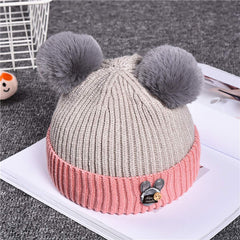 SYGA Woolen Cap for kidas, Double Thick Cap Unisex, Warm Ear Proction Pompom Winter Baby Cap Pink 1-4 Year - Grey