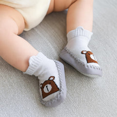 MOMISY Anti-Skid leather soled Shoe Socks for Baby Boys and Baby Girls-12 to 18 months, Medium (Grey Bear, M)
