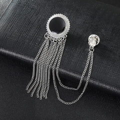 SYGA Men's & Women Suit Shirt Stud Lapel Pin Chain Tassel Brooch Pin with Crystal Chain(Classic Round Tassel Silver)